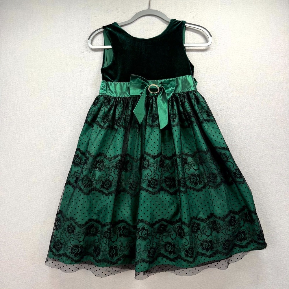 Jayne Copeland Party Dress Girls 8 Green Velvet Black Lace Overlay Bow Details